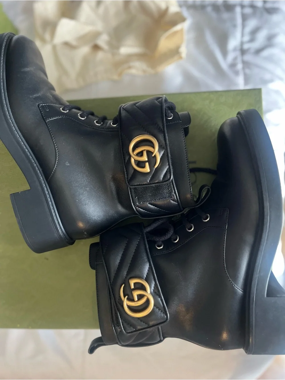 Gucci Black Leather Ankle Combat Boots with Gold Double-G Strap
